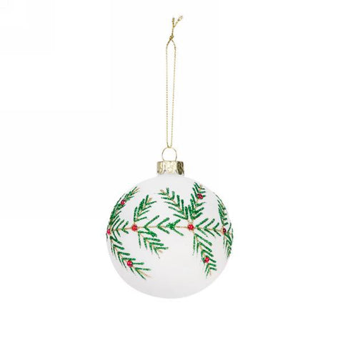 White Ball Ornament With Green Foilage 3"