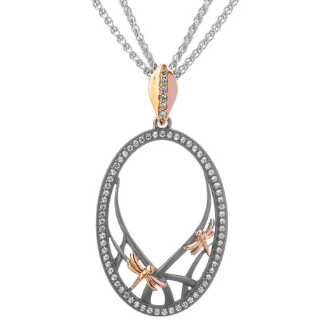 Dragonfly Oval Pendant - Ruthenium and Rose Gold with CZ