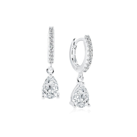 Stainles Steel White-CZ Pear Drop Hoop Dangle Earrings | Italgem Steel